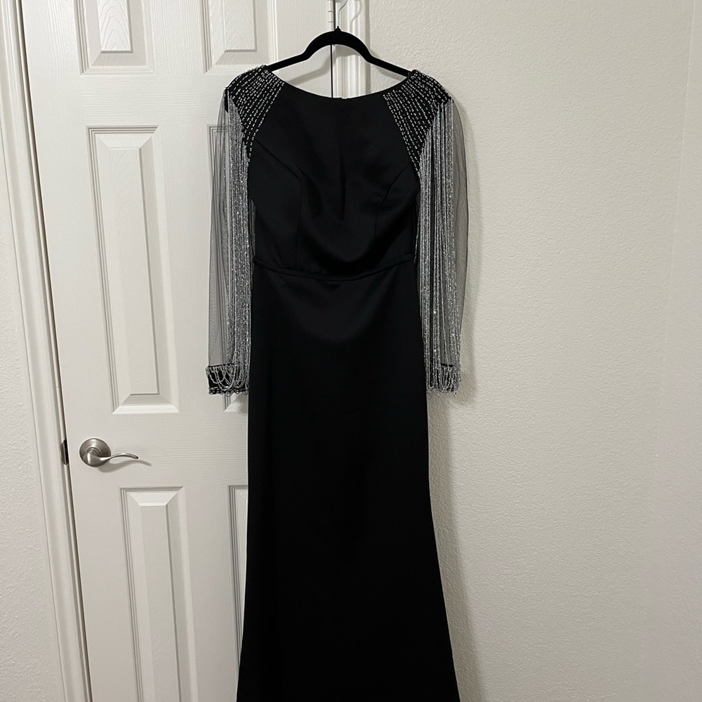Mac Duggal Black Dress with Beaded Mesh Sleeves